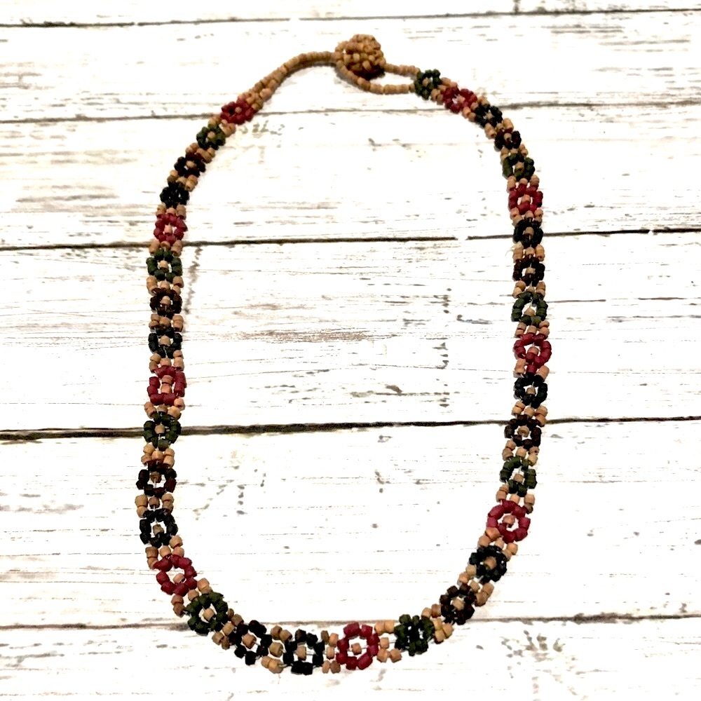 Unique Choker Necklace - Small Wooden Beads Strung into Flower Design